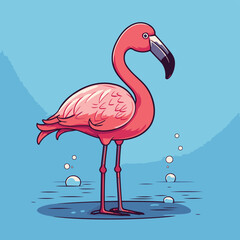 Pink flamingo on a blue background with water drops. Vector illustration