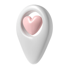 Map pointer 3d pin icon valentine. White geotag location point with pink heart, favorites symbol love. transparent illustration for web, apps, infographics