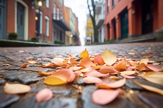 fallen magnolia petals on a cobblestone street