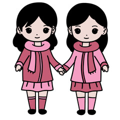 Two cartoon girls in pink clothes holding hands, cute illustration