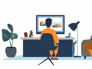Flat Illustration of a person participating in a virtual meeting from a comfortable home setup