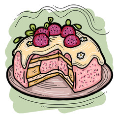 Sweet dessert cake with fruits for celebration birthday party or wedding, tasty breakfast. For cafe, restaurant menu print, postcard or poster. Hand drawn illustration. Cartoon style line art drawing.