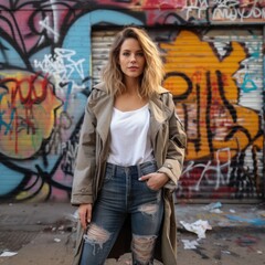 A woman standing in front of a graffiti covered wall.