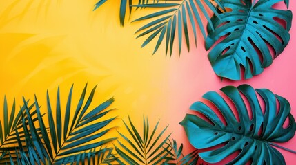 Fototapeta na wymiar beautiful tropical leaves with summer style on a blue, pink and yellow background,
