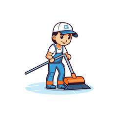 Cleaning service worker with broom. Vector illustration in cartoon style.