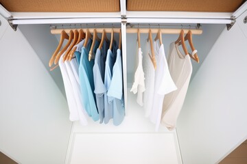 high-angle view of an open wardrobe filled with hangers
