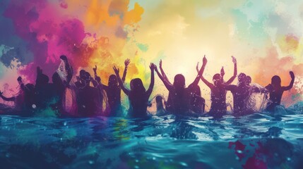 colorful people in water with various colored powders,