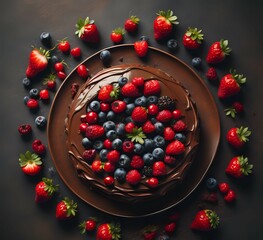 Chocolate cake with with berries, strawberries and cherries. birthday cake with candles food anniversary. cup cake flower,. generative ai
