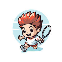 Fototapeta premium Boy playing badminton cartoon vector clipart. Vector illustration.