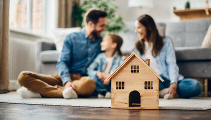 wooden house amidst a cozy room, radiating warmth and joy as a happy family plays in the background