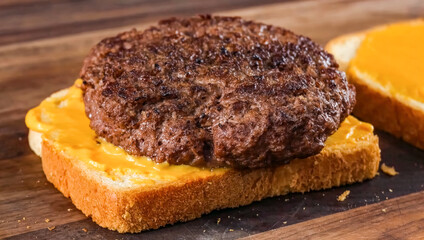 Sandwich beef, bread toast on wooden background, minimal close up. Hamburger freshly baked, homemade burger. Grocery product advertising, menu or package.