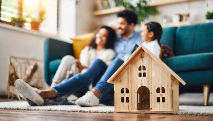 wooden house amidst a cozy room, radiating warmth and joy as a happy family plays in the background