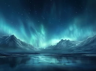 Wall murals Reflection Northern Lights over snowy mountains, reflected in a calm lake.