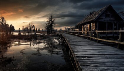 Rustic Charm: Pier, Swamp, Cottage/Cabin, and Dark Sky Background