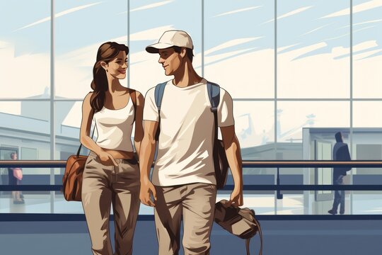 Young man and woman arrive and meet in airport with travel bag baggage luggage case. Indoors.