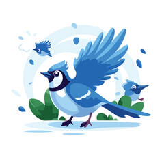 Blue jay bird and two birds. Vector illustration in cartoon style.