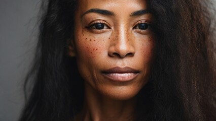 Close-up of the face of a black woman over 40 years old, sad look, freckles on the face.