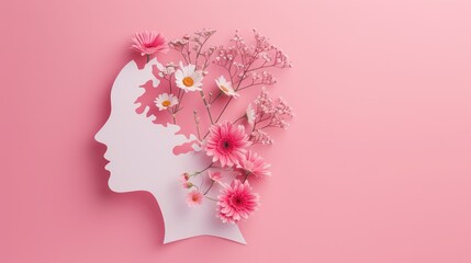 flower cutout concept isolated on pink background with woman head in flower shape - obrazy, fototapety, plakaty