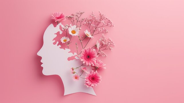flower cutout concept isolated on pink background with woman head in flower shape