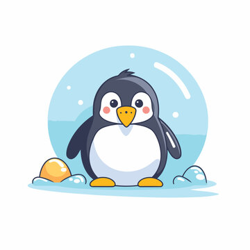 Cute penguin in the snow. Vector illustration. Cartoon character.