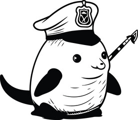 Illustration of a cute cartoon penguin wearing a police cap and holding a spear