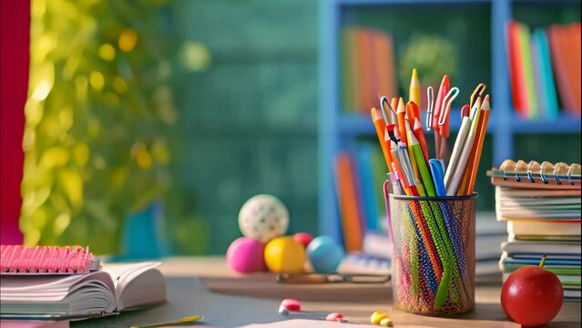School supplies and tools for back to school. 4k video animation