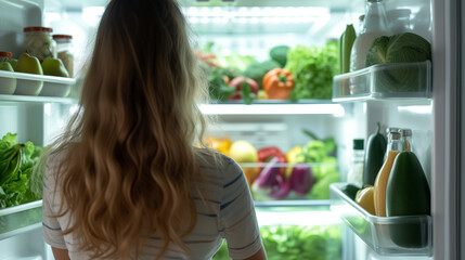 A young woman opens the refrigerator filled with healthy foods to prepare a nutritious breakfast