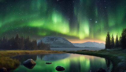 night sky with vibrant green aurora borealis dancing amidst a canvas of stars, creating a magical and captivating celestial display