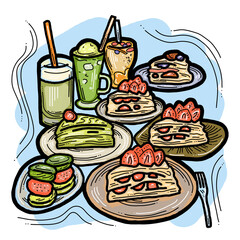 Sweet dessert cake with fruits for celebration birthday party or wedding, tasty breakfast. For cafe, restaurant menu print, postcard or poster. Hand drawn illustration. Cartoon style line art drawing.