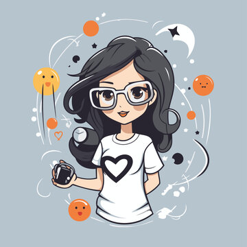 Cute hipster girl with headphones and dumbbells. Vector illustration.