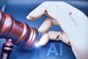 AI related law concept shown by robot hand using lawyer working tools in lawyers office with legal...