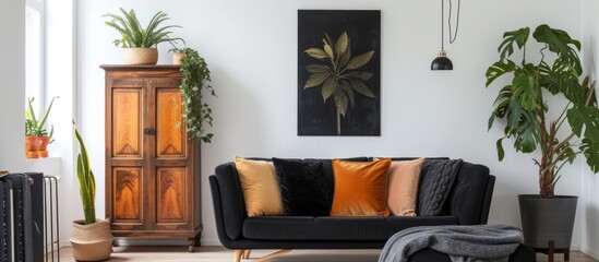 In the living room, a wooden cupboard is placed beside a black sofa adorned with cushions and a botanical poster hangs on the wall.