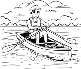 Man rowing a boat on the lake. Black and white vector illustration.