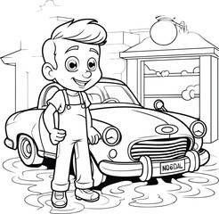 Black and White Cartoon Illustration of Kid Boy Carrying a Car for Coloring Book