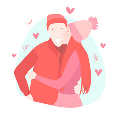 Vector illustration in flat style of loving people hugging in warm sweaters with drawings. Vector illustration for Valentine's Day and Hug Day