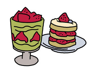 Sweet dessert cake with fruits for celebration birthday party or wedding, tasty breakfast. For cafe, restaurant menu print, postcard or poster. Hand drawn illustration. Cartoon style line art drawing.