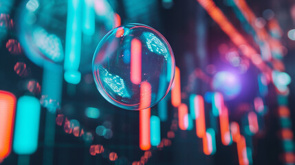Financial charts with an upward trend leading to a bubble, symbolizing the risk of an economic bubble in the stock market