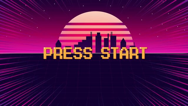 PRESS START.pixel art .8 bit game. retro game. for game assets. Retro Futurism Sci-Fi Background. glowing neon grid and star from vintage arcade computer games