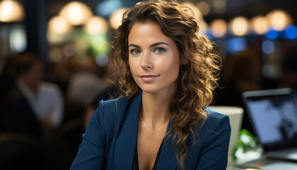 Obraz premium Confident young businesswoman smiling, looking at camera in office generated by AI