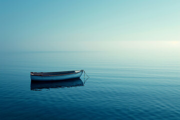 Lone Boat on Calm Blue Ocean Horizon
