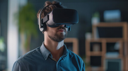 A man in virtual reality glasses in an office setting. Immersed in the digital realm, he navigates virtual landscapes, seamlessly blending the boundaries between the physical and virtual worlds