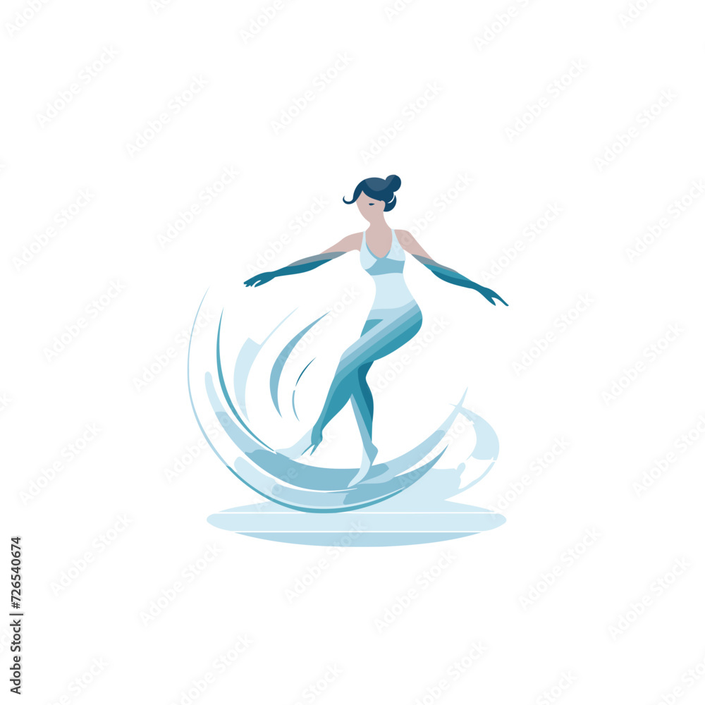 Sticker Surfer girl in the ocean. Vector illustration. Flat design.