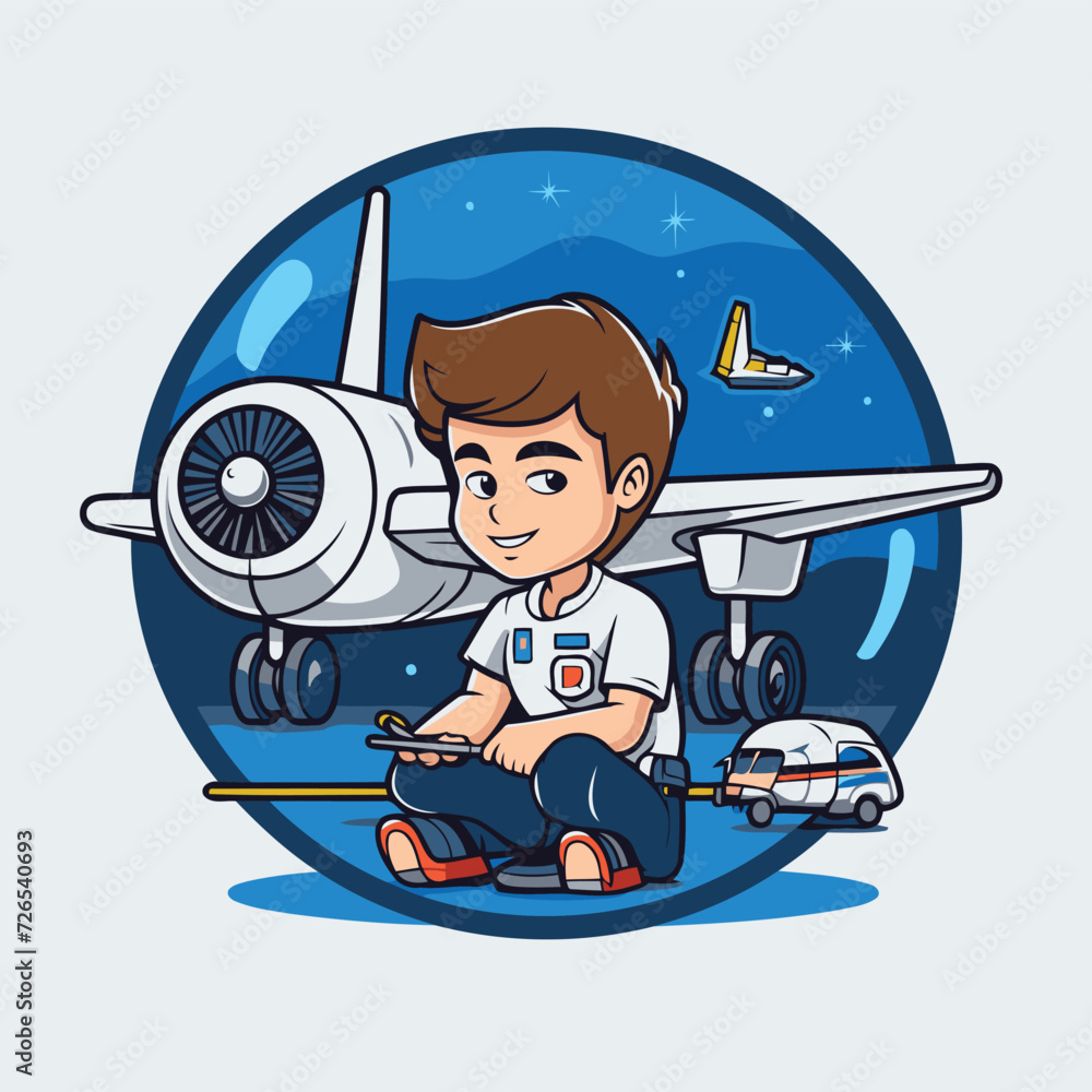 Poster cartoon boy sitting on the ground with airplane. vector illustration.