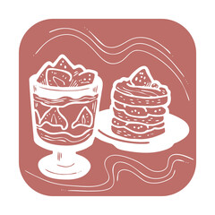 Sweet dessert cake with fruits for celebration birthday party or wedding, tasty breakfast. For cafe, restaurant menu print, postcard or poster. Hand drawn illustration. Cartoon style line art drawing.