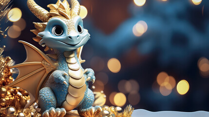 Fototapeta premium Banner with small cute dragon with bokeh winter snow background. Chinese New Year decoration close up of dancing dragon on festive background