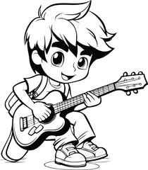 Boy playing guitar - Black and White Cartoon Illustration. Isolated on White Background
