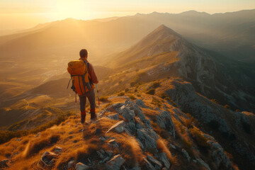 Hiker Watching Sunrise Over Mountain Ridge

