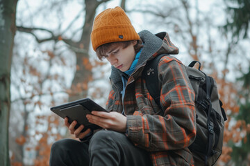 Teenager Engrossed in Tablet Outdoors in Autumn
