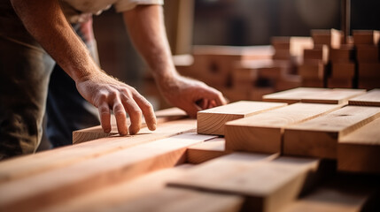 A carpenter is seen working on wooden boards and floors, using tools like saws, in a construction setting