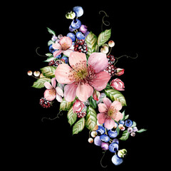 Watercolor festive bouquet of beautiful flowers and fruity blackberries with green leaves.